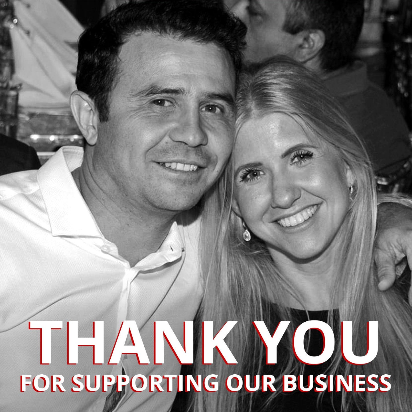 Black and white photo of 3D Laser Gifts owners with 'THANK YOU FOR SUPPORTING OUR BUSINESS' text overlay.