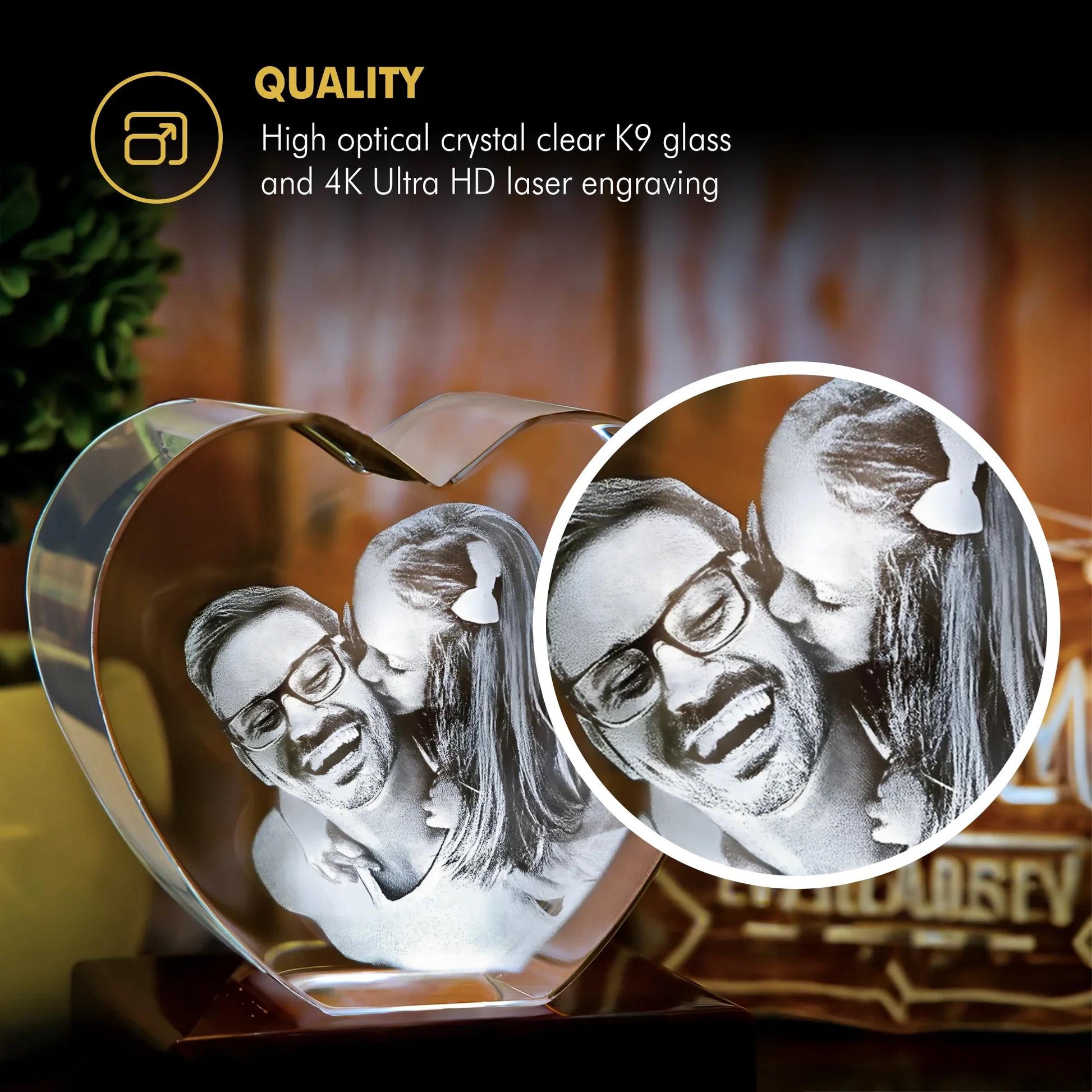 Heart-shaped K9 optical crystal with 4K Ultra HD laser engraving of a father kissing his daughter, shown with a zoomed-in detail of the photo engraving.