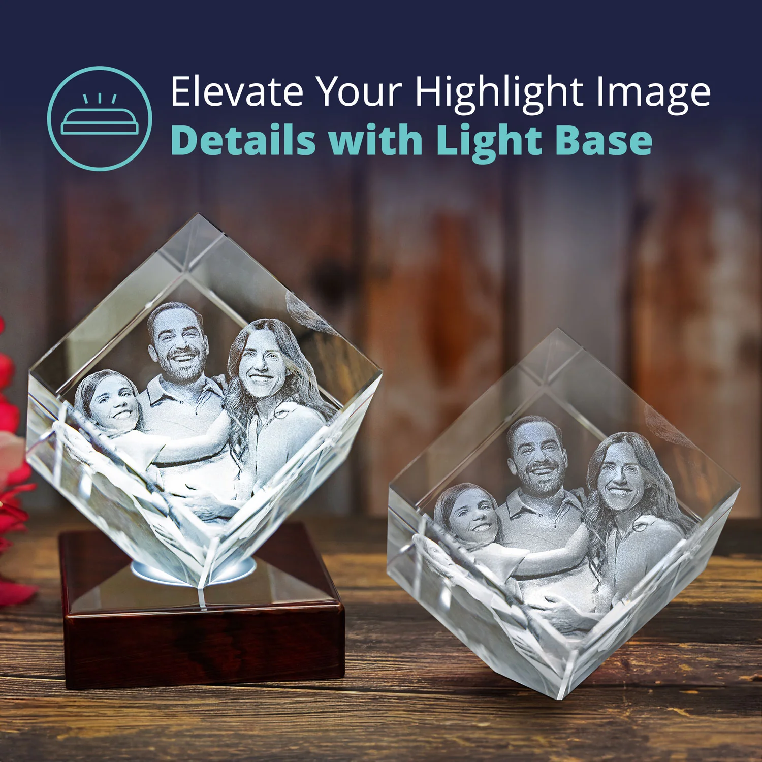 Two diamond-shaped 3D photo crystals with laser-engraved family portrait, one displayed on a rosewood LED light base for enhanced detail.

