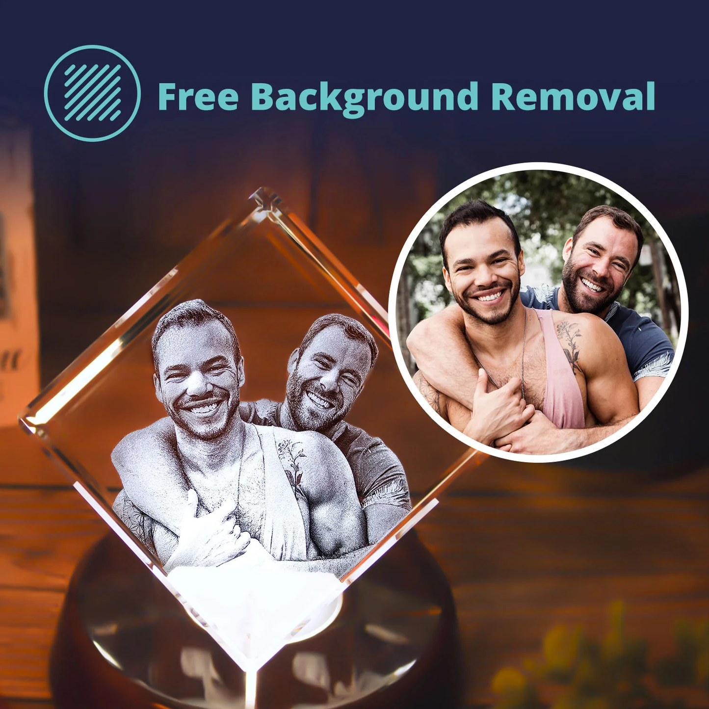 Diamond-shaped 3D photo crystal with laser-engraved couple portrait, shown with free background removal from original photo.

