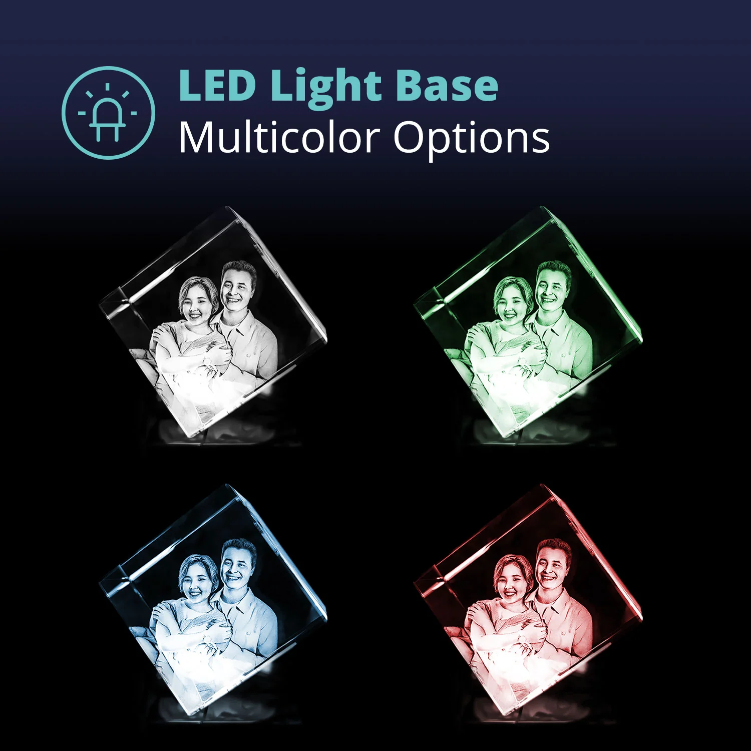 A cube-shaped LED light base with a photo of a couple, illuminated in various colors: white, green, blue, and red. The text "LED Light Base Multicolor Options" is displayed above the cubes. The image is set against a black background.