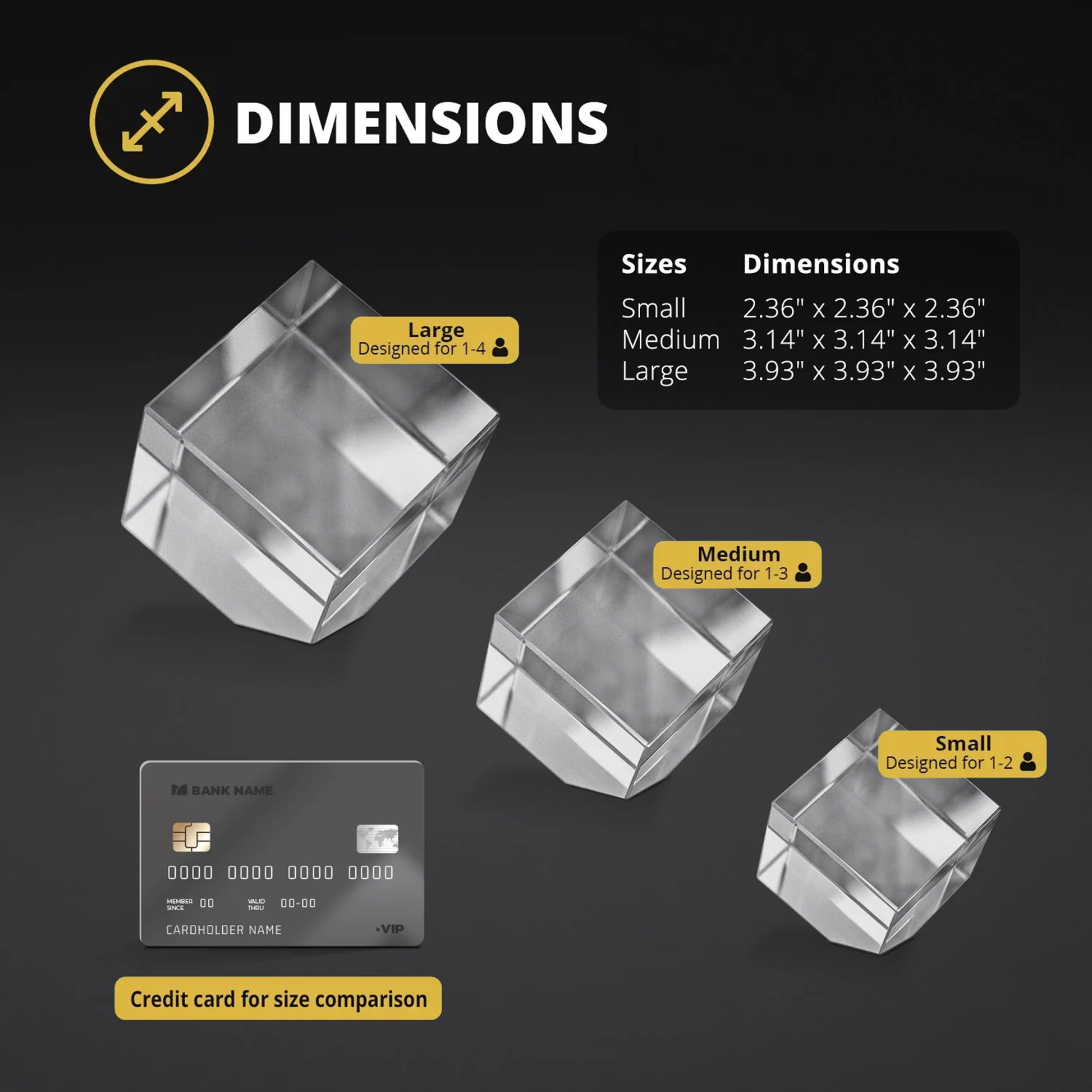 Dimensions of a phtoo crystal diamond with size comparison to a credit card on a dark background