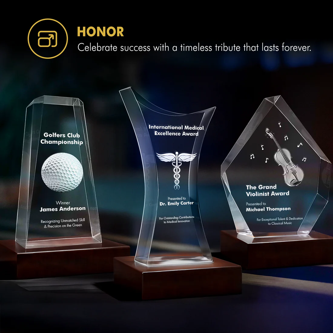 Three crystal awards on wooden bases with engraved text, featuring a golf ball, medical cross, and violin.