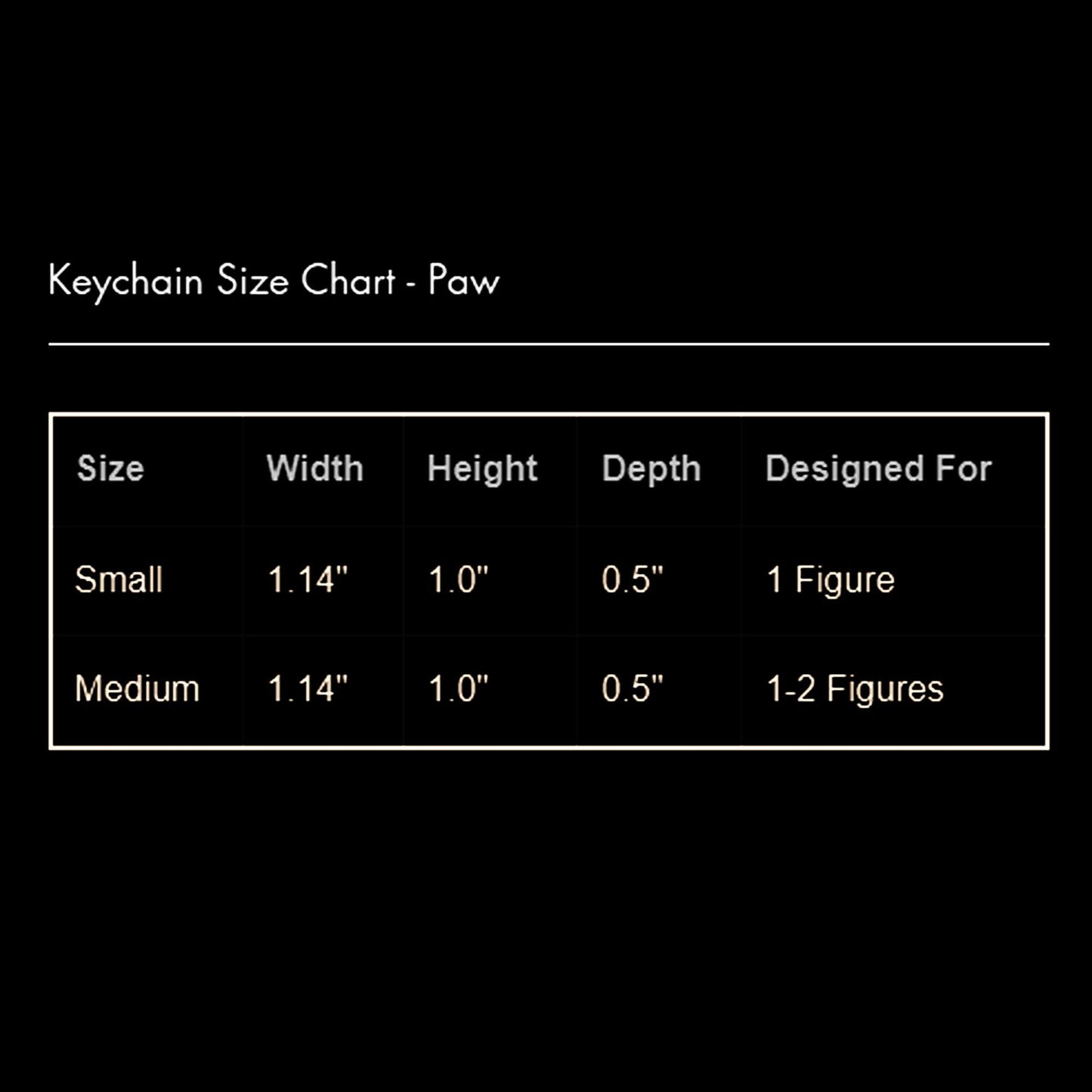Keychain size chart for paw-shaped keychains on a black background