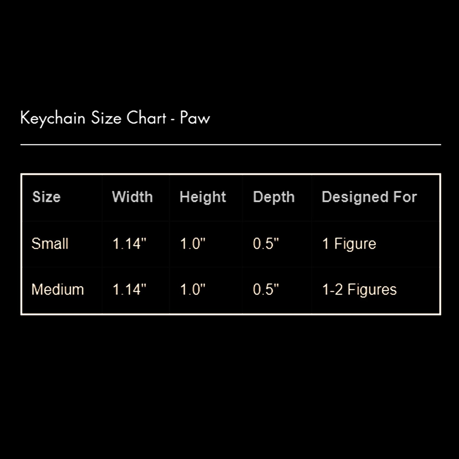Keychain size chart for paw-shaped keychains on a black background