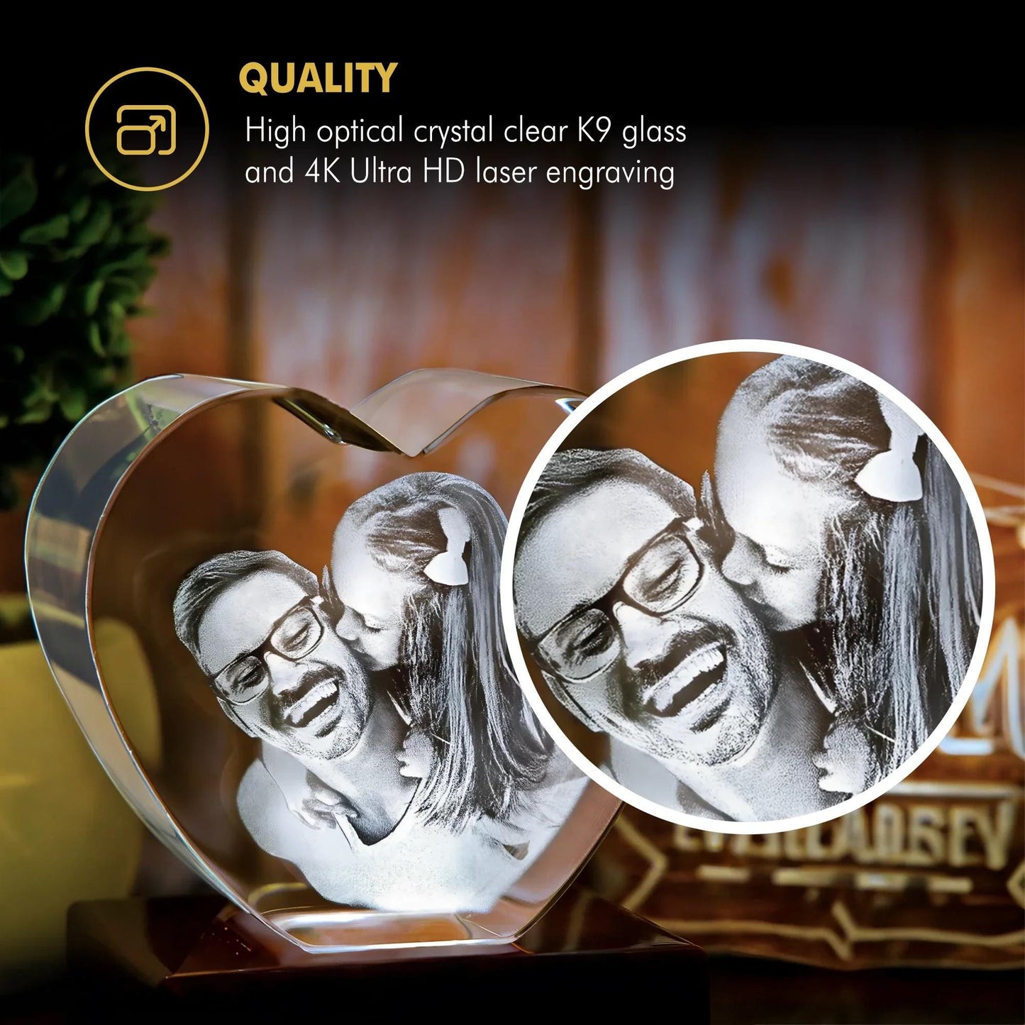 Heart-shaped crystal with an engraved image of a dad and daughter, featuring high-quality crystal and laser engraving