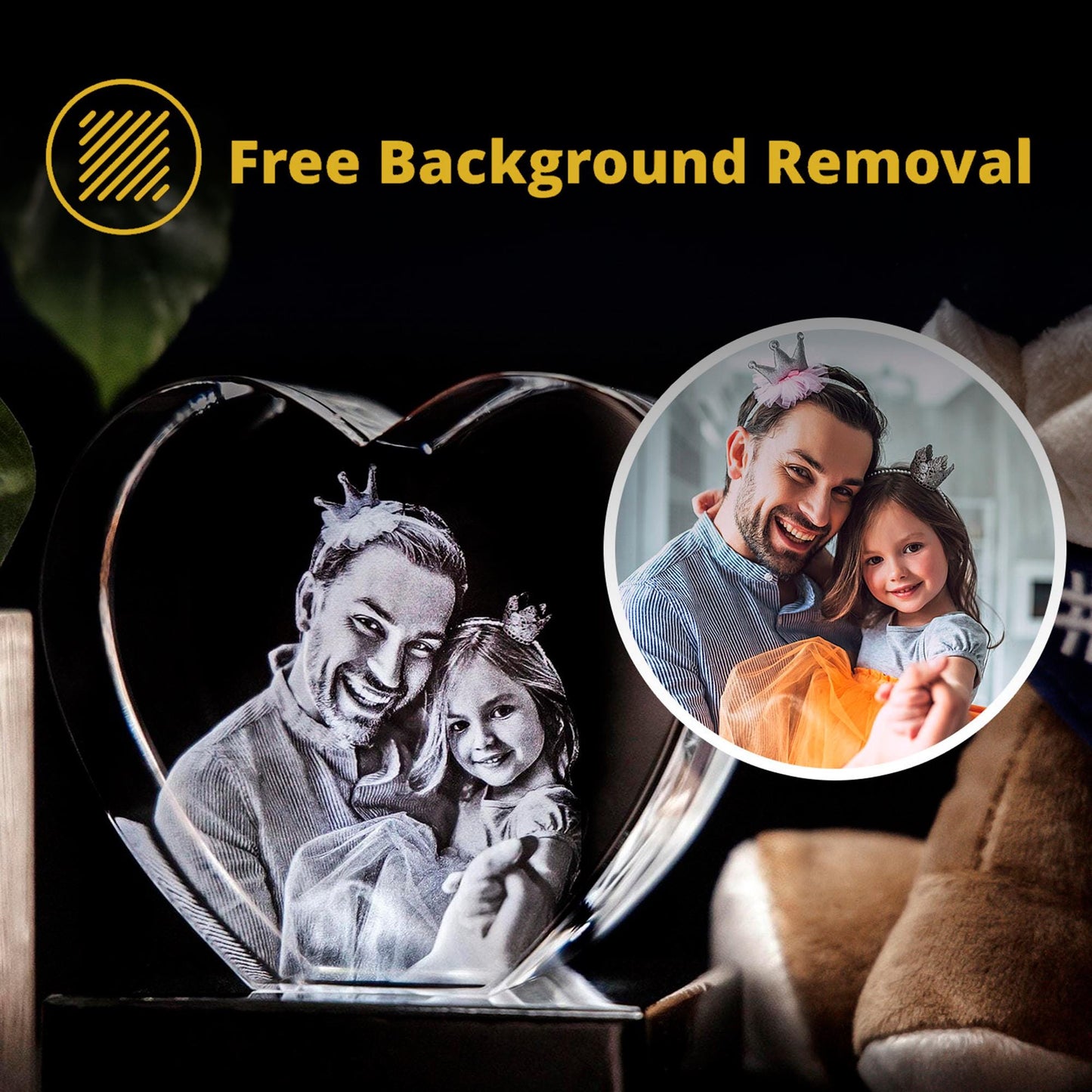 Heart-shaped photo engraving of a man and a child with 'Free Background Removal' text overlay.