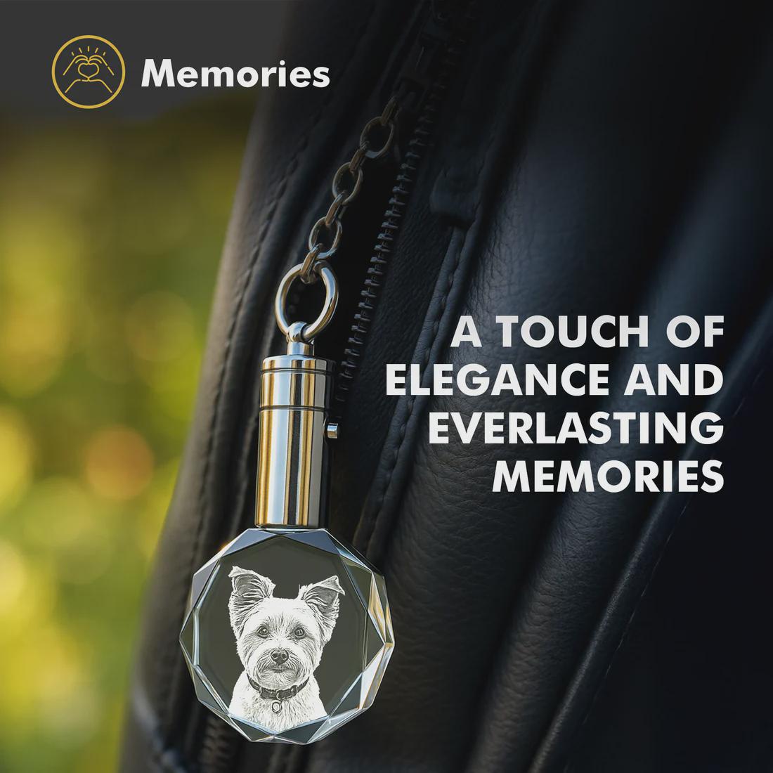 Crystal keychain with dog engraving on a leather jacket, featuring the message 'Memories'.