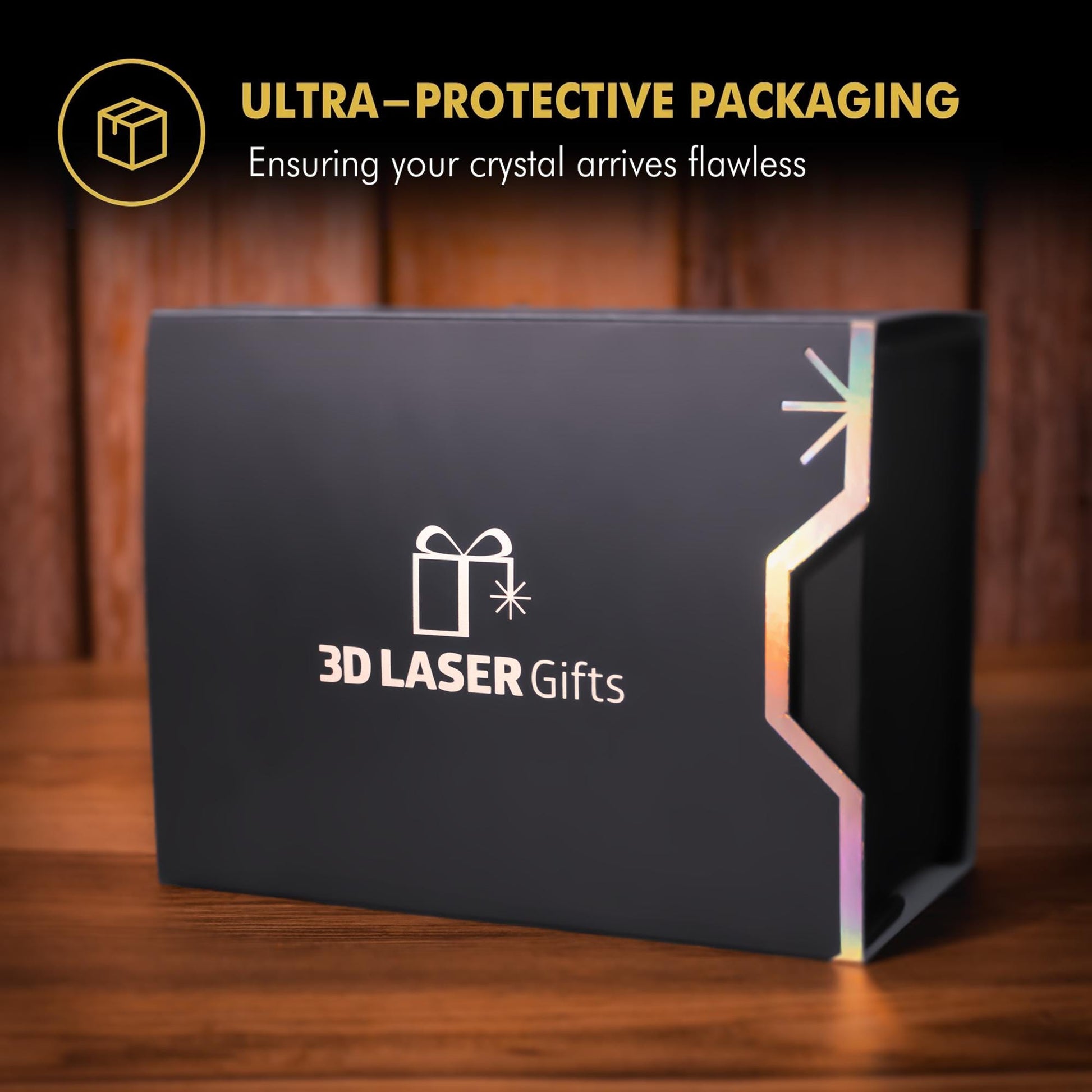 Black gift box with 3D Laser Gifts logo on a wooden surface