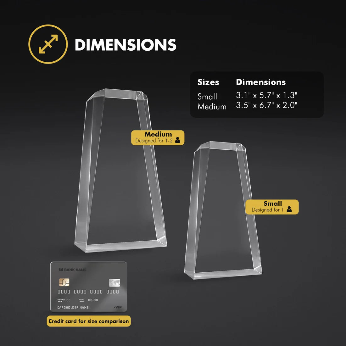 Dimensions chart for tower photo crystals with size comparison to a credit card.