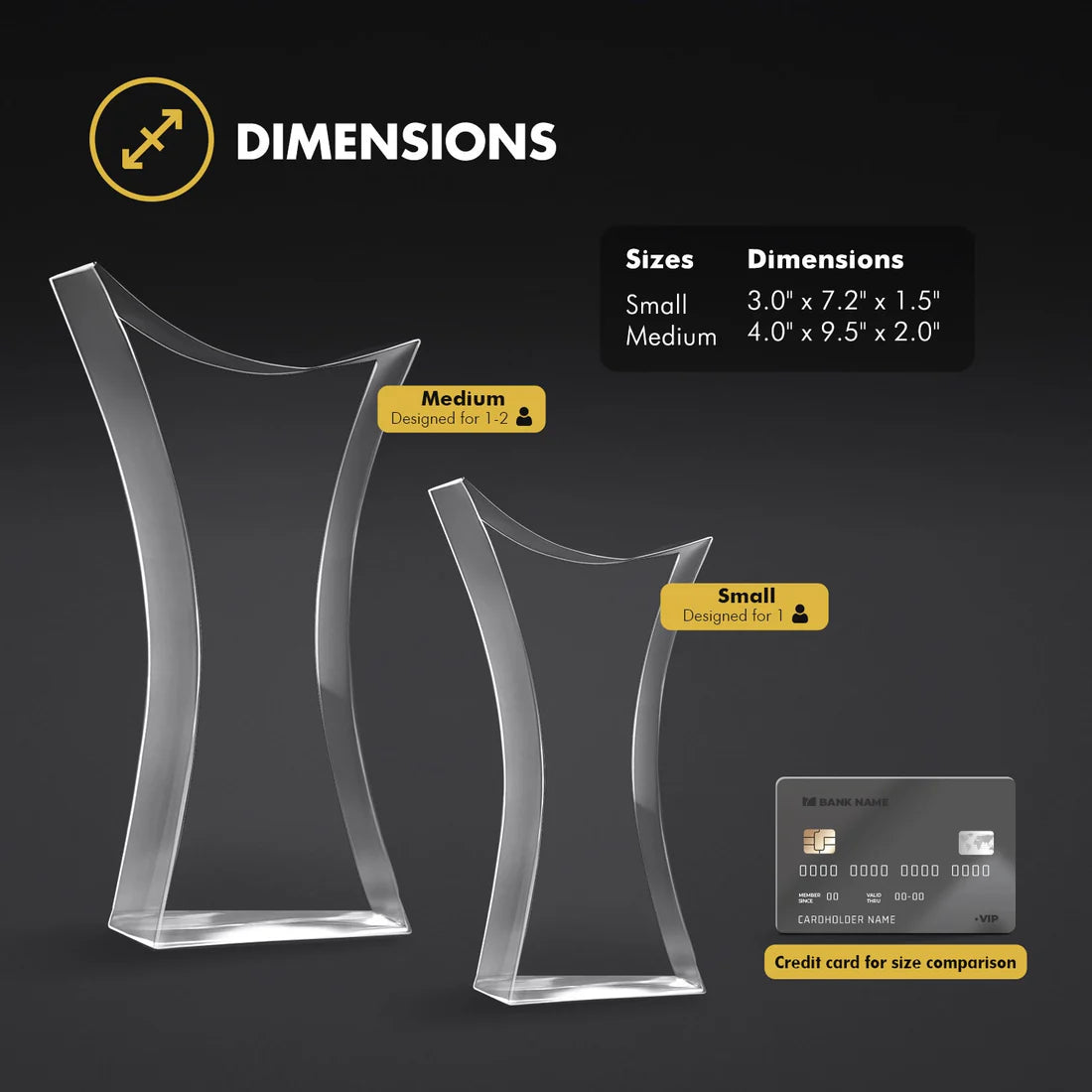 Dimensions chart for trophy photo crystals with size comparison to a credit card.