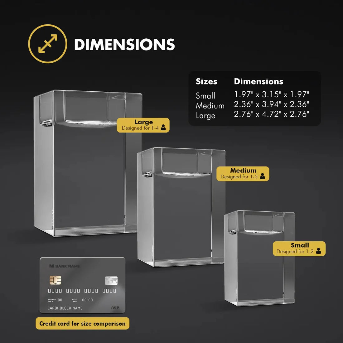Dimensions of crystal candle holders with size comparison to a credit card.