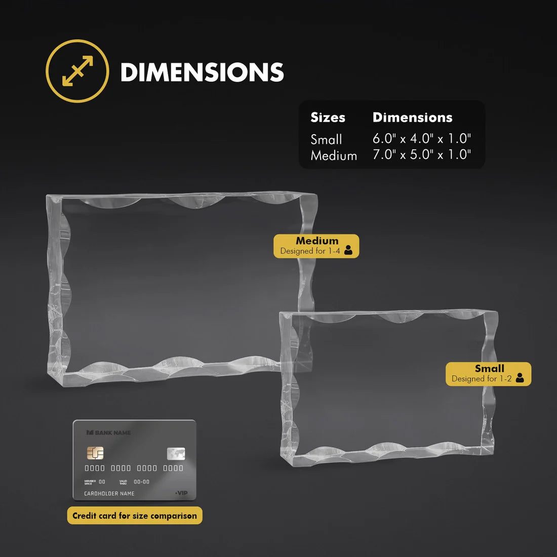 Dimensions chart for small and medium-sized photo crystals with size comparison to a credit card.