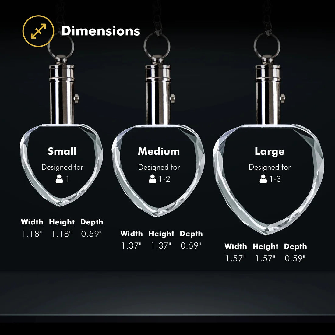 Dimensions of three sizes of heart-shaped photo crystal keychains, labeled with 'Small', 'Medium', and 'Large', with dimensions displayed below on a black background.