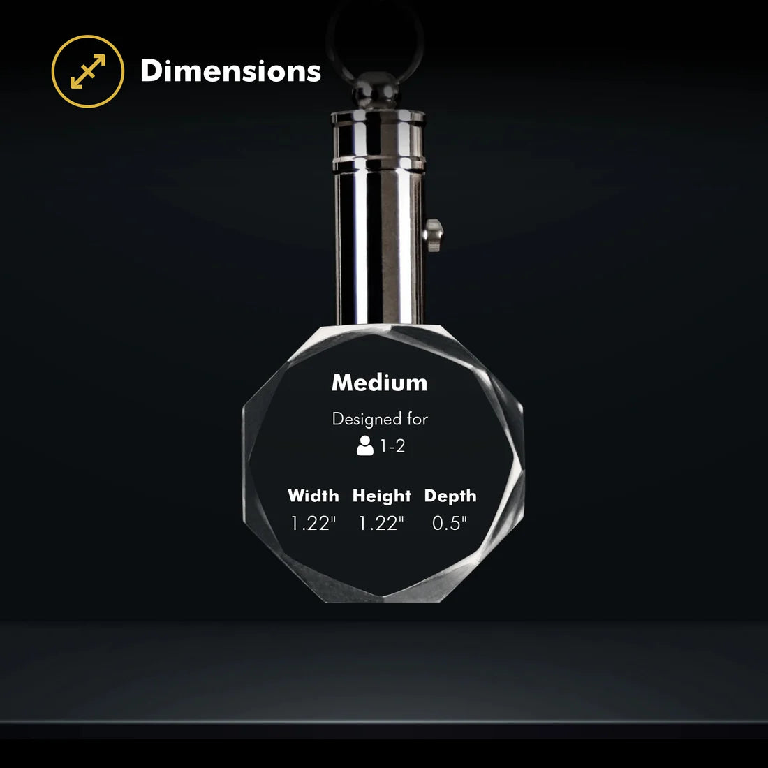 Dimensions of a octagonal photo crystal keychain, with dimensions displayed on a black background.