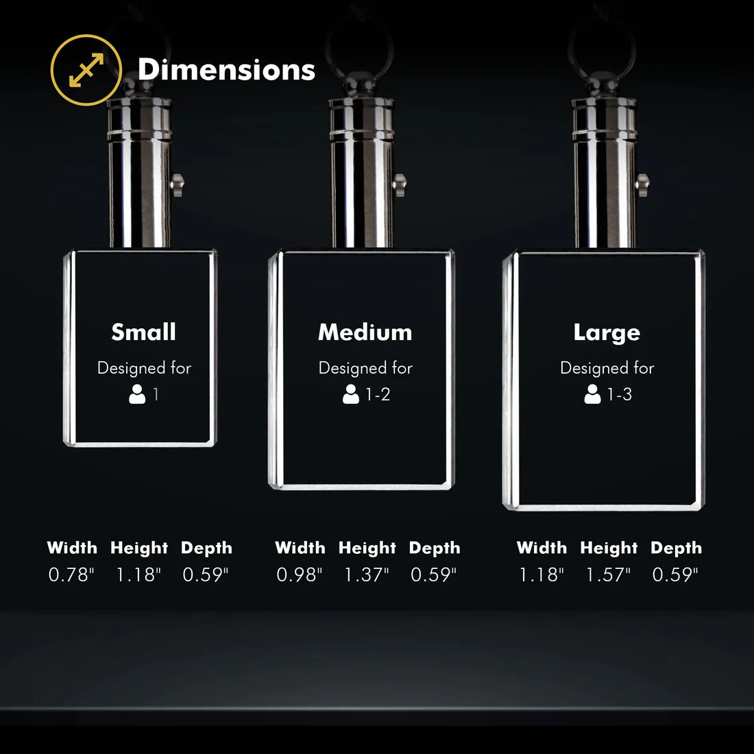 Dimensions of three sizes of rectangular photo crystal keychains, labeled with 'Small', 'Medium', and 'Large', with dimensions displayed below on a black background.