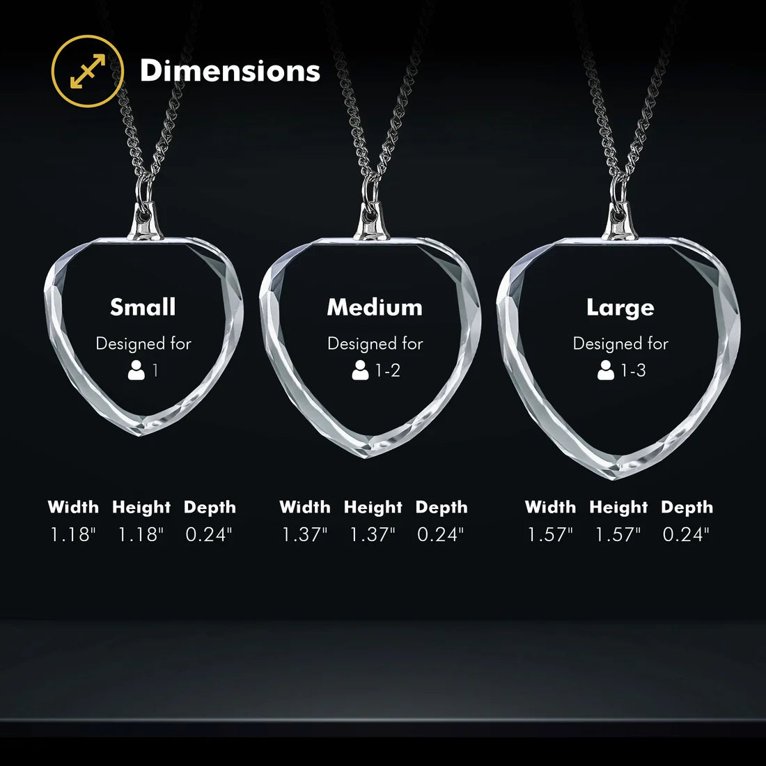 Dimensions of three sizes of heart-shaped photo crystal necklaces, labeled with 'Small', 'Medium', and 'Large', with dimensions displayed below on a black background.