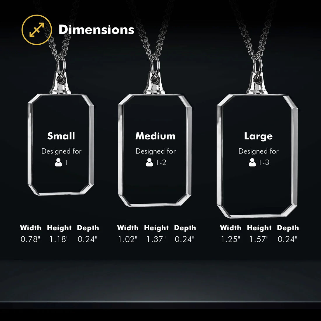 Dimensions of three sizes of rectangle-shaped photo crystal necklaces, labeled with 'Small', 'Medium', and 'Large', with dimensions displayed below on a black background.